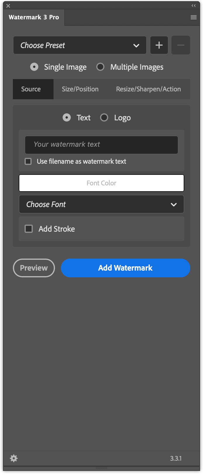 Pro Source tab with Text selected, text field, filename-as-text control, font color, and stroke options