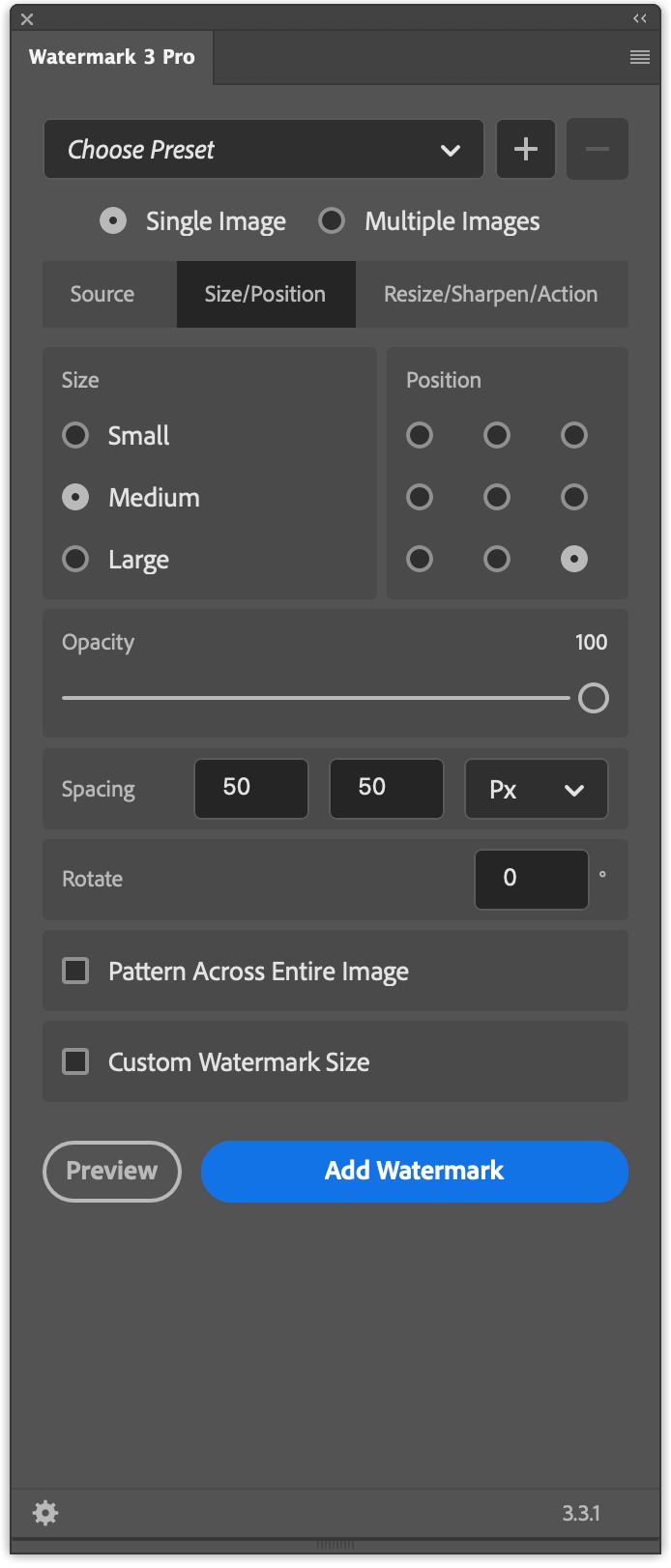 Watermark Size and Position tab with controls for size preset, position grid, opacity, spacing, rotate, pattern, and custom size