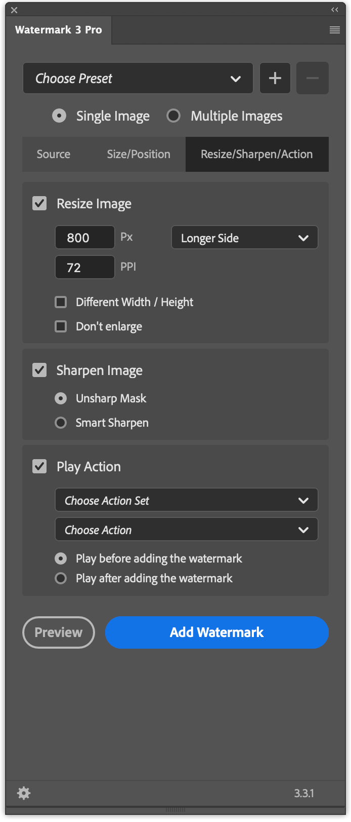 Watermark 3 Resize Sharpen Action tab with resize options, sharpening, and Play Action before or after watermark controls
