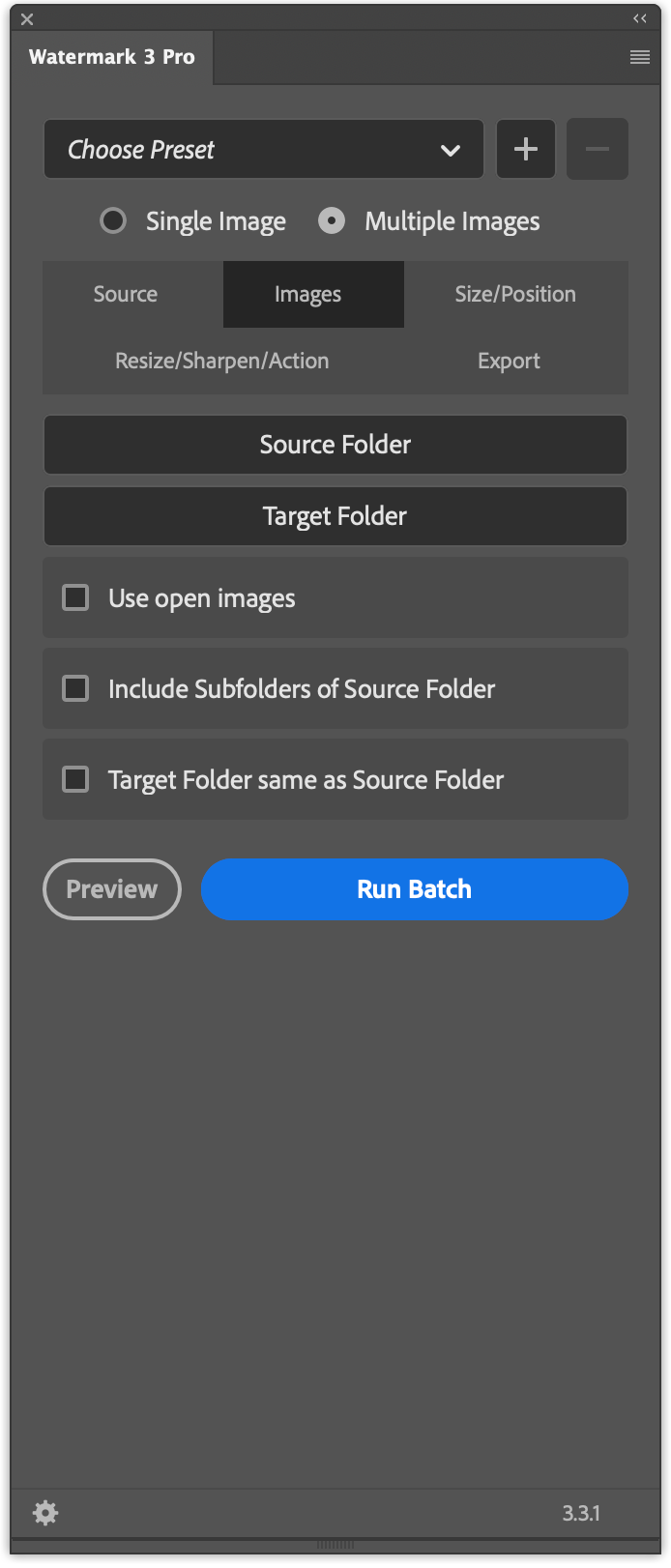 Watermark 3 Images tab for multiple images with source folder, target folder, subfolder options, and Run Batch